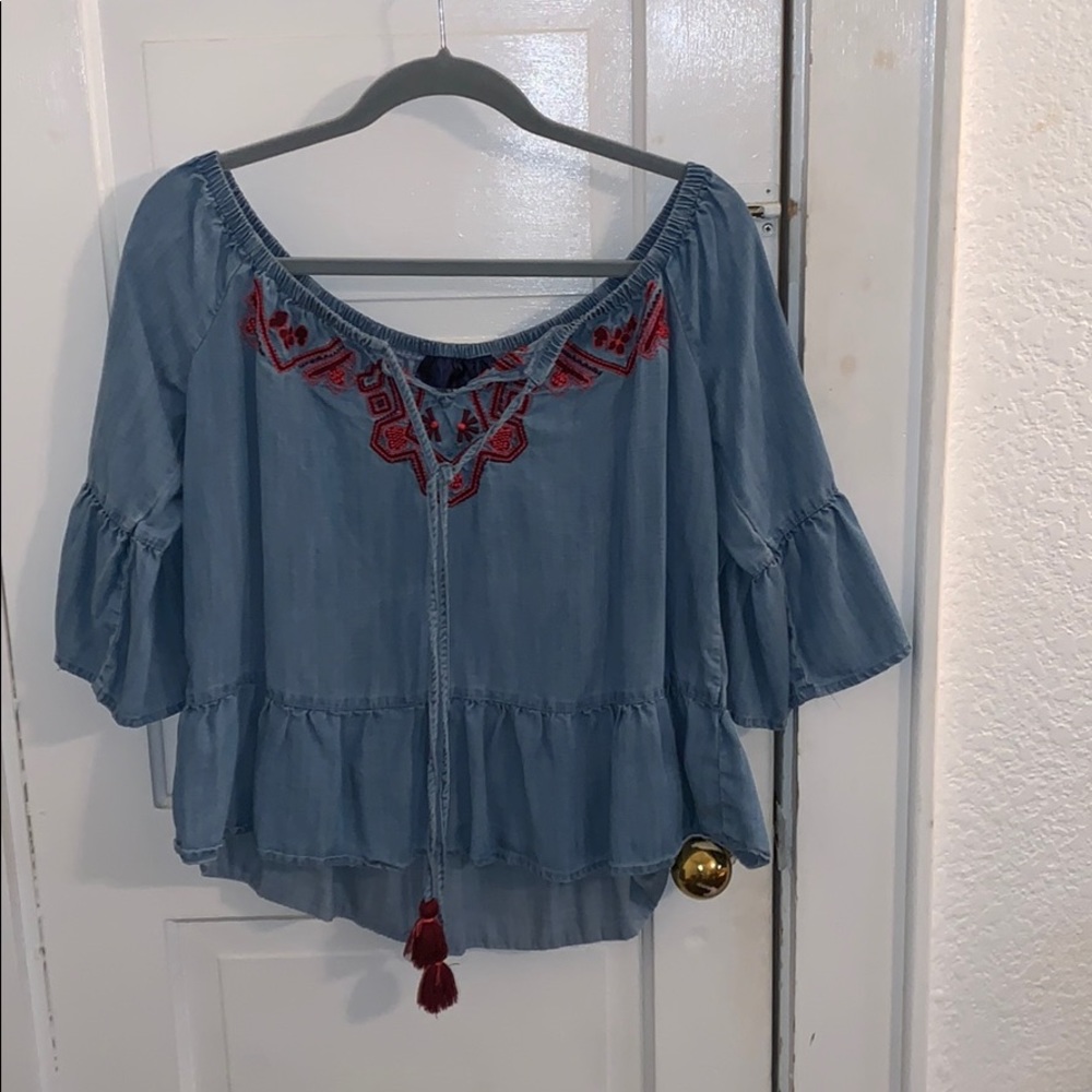 Off the shoulder, denim shirt